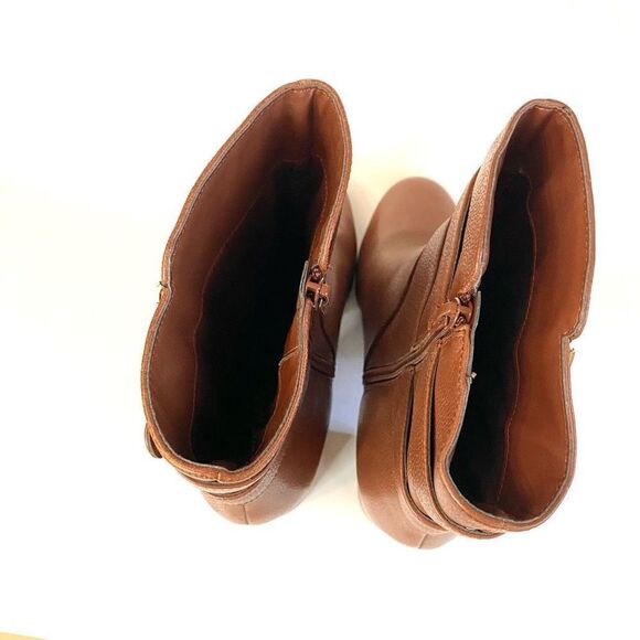 Nine West Nogettuff Ankle Boots Heels Leather Buckle Zip Closure Brown Camel 10 - Picture 9 of 11
